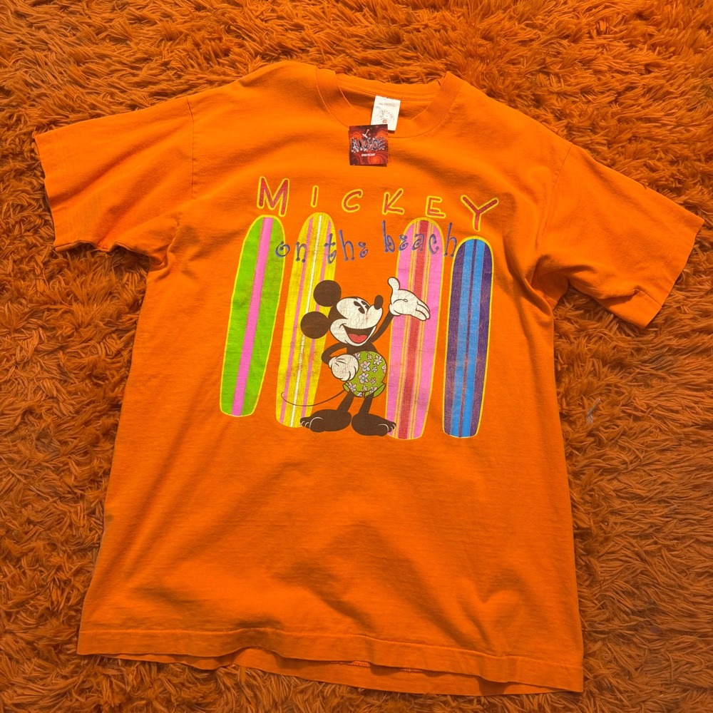 Vintage Mickey & Co Orange Mickey on the Beach T-Shirt XL Made in USA Disney